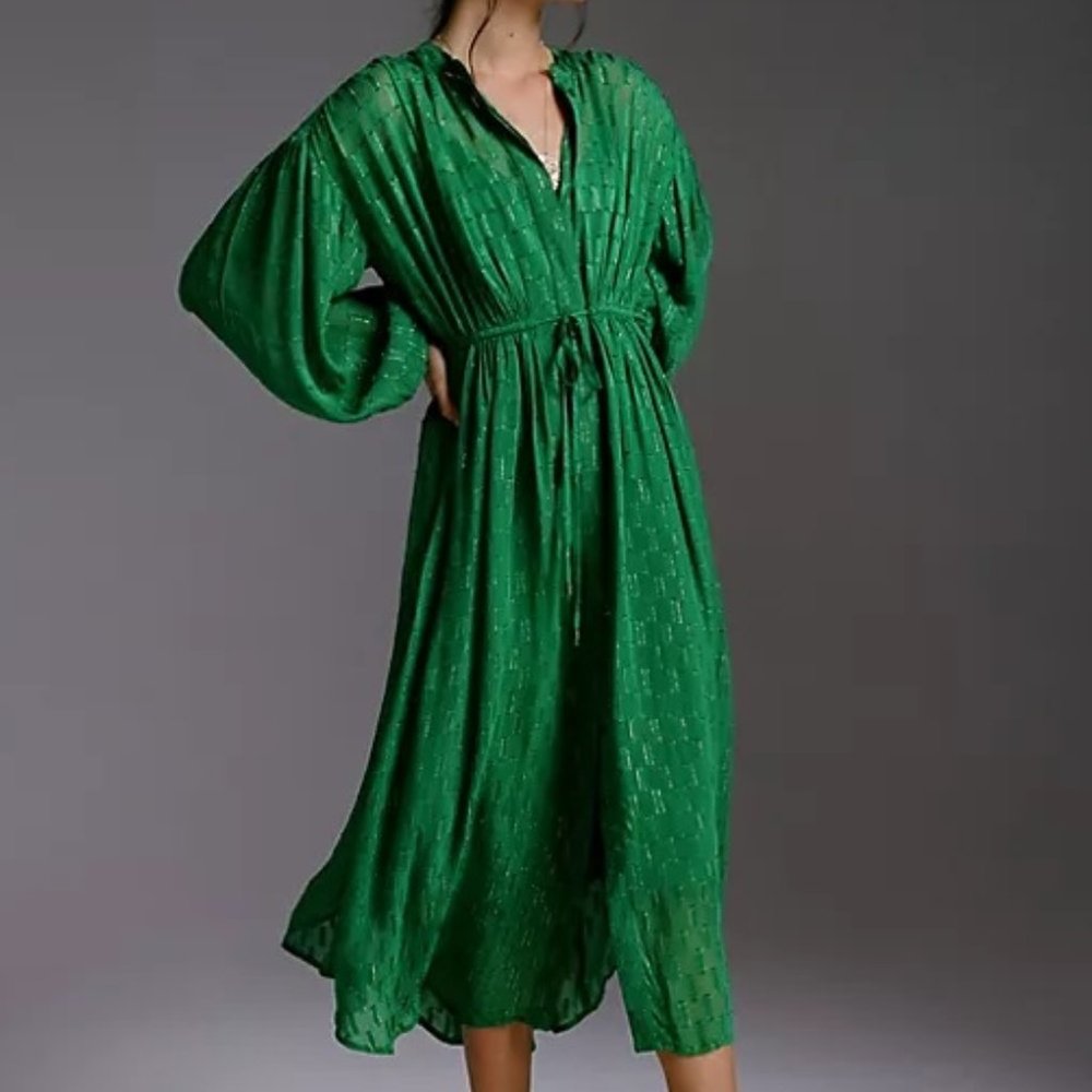 Anthropologie Allene Gold Shimmer Maxi Dress Kelly Green XL